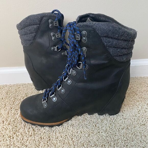 Sorel Conquest Wedge Ankle Boots black Leather Lace Up 9 PDX - Picture 2 of 6